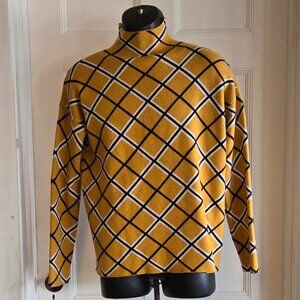 Tahari Sweater Womens Large Yellow Plaid Mock Neck Knit Pullover Top Long Sleeve